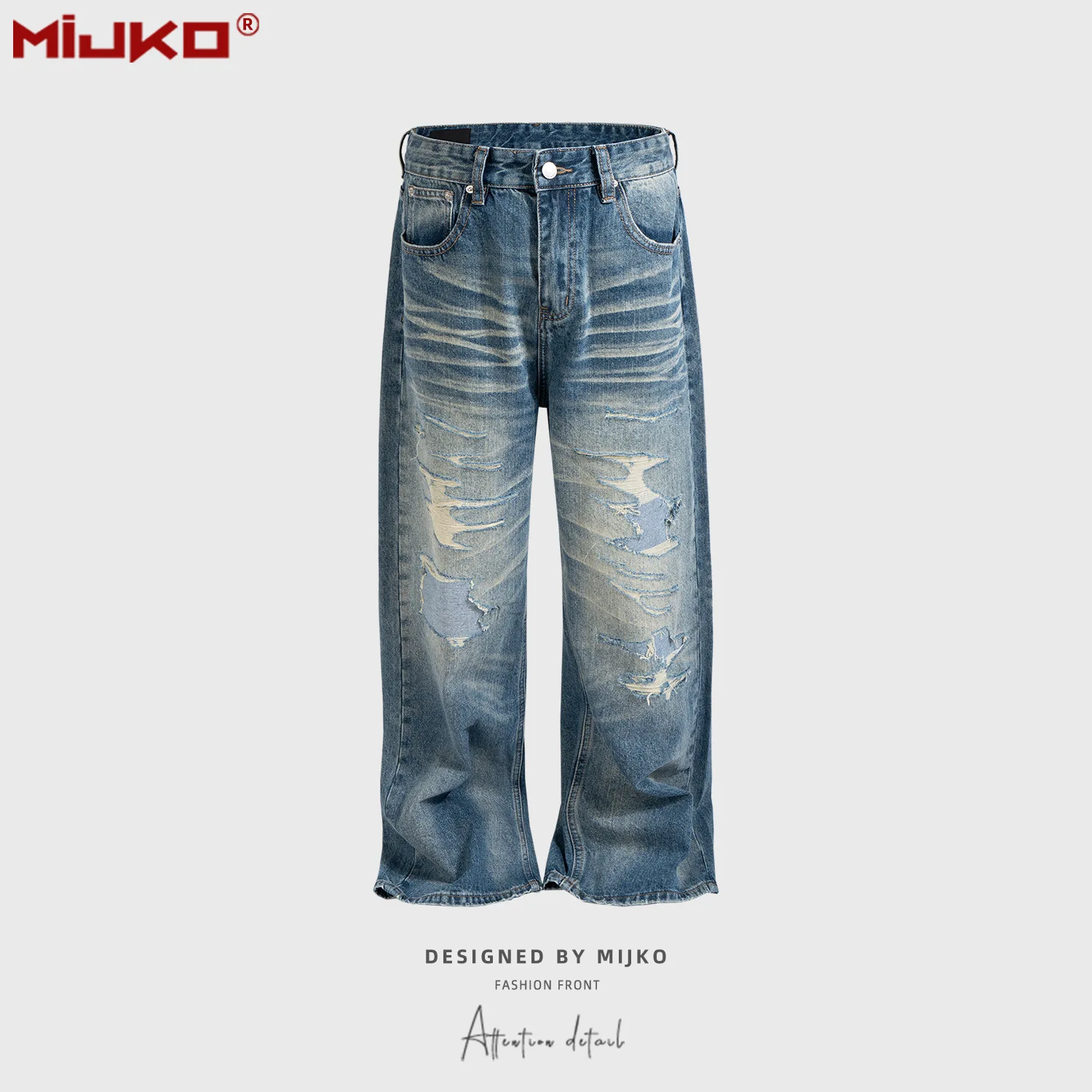 

MIJKO Men's and Women's Hip Hop Washed Jeans Unisex Torn Hole Slashed Straight Leg Blue Jeans FX090#