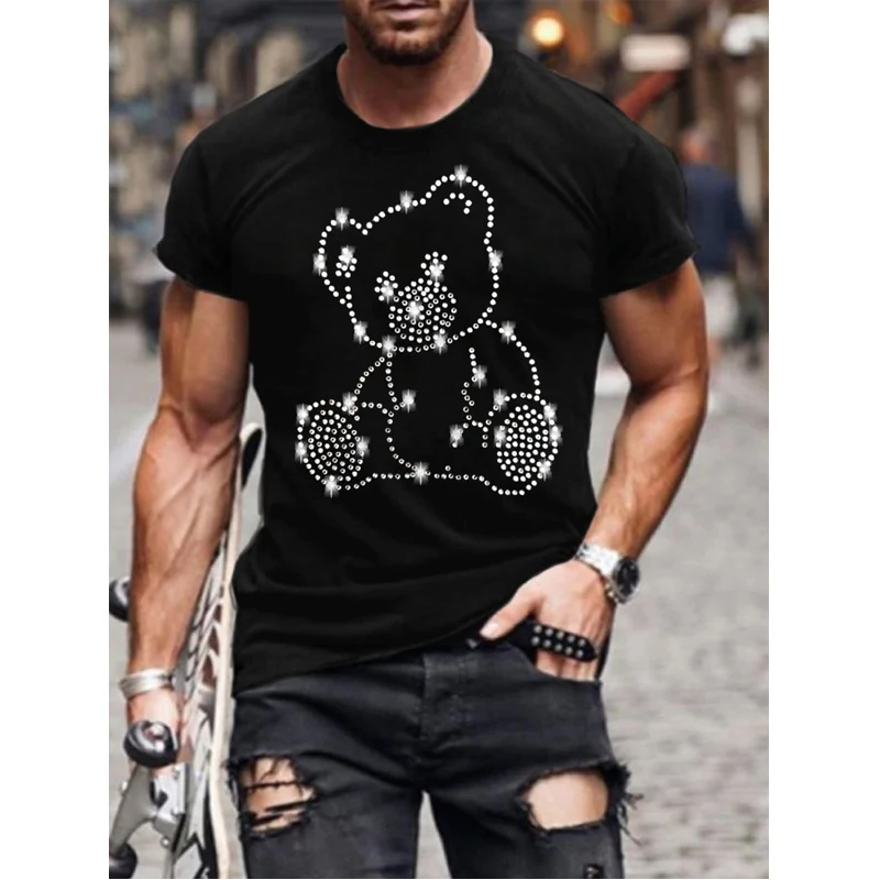 New Mens Quality Oversized Fashion y2k Summer Tee Tops  Designer Angel wing Rhinestone Club Short Sleeve Street O-Neck t-shirt