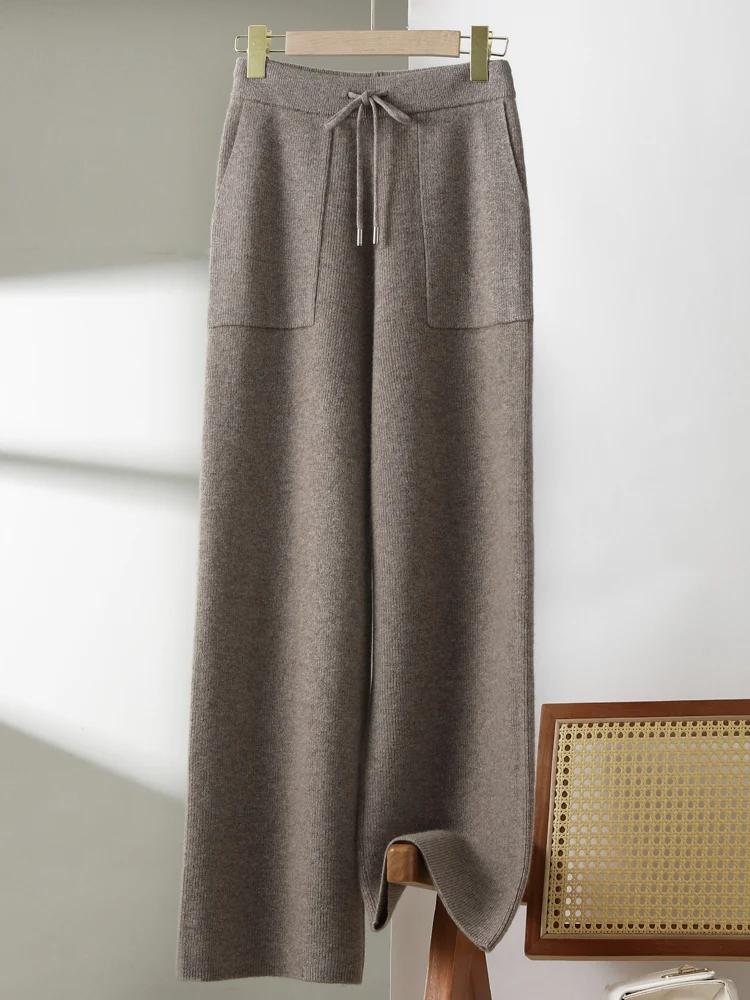 

New Chic Women's 100% Wool Pants Classical Wide Leg Pants Autumn Winter 100% Merino Wool Knitted Trousers Thickened Simple Style