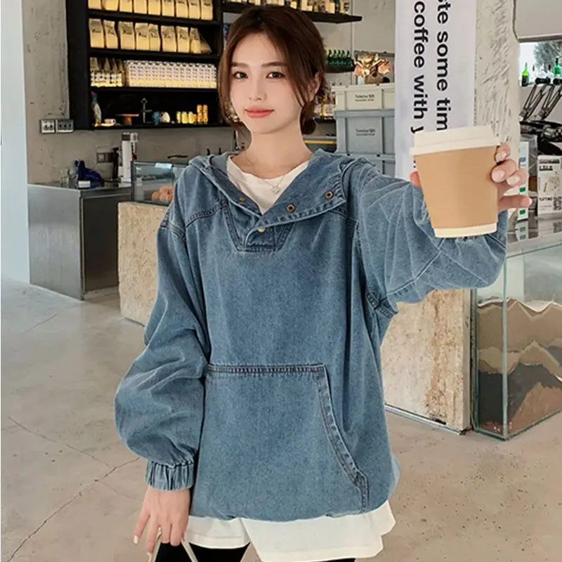 Nomikuma Causal Hooded Demin Sweatshirt Korean Long Sleeve Pocket Cowboy Hoodies Tops 2023 Autumn New Thin Pullover Jumper Women