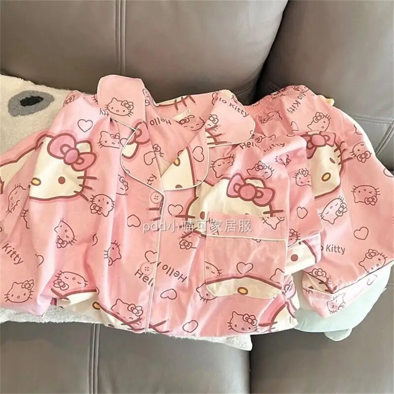 

Комплект пижам Sanrio Hello Kitty, хлопок, для женщин и студенток, домашняя одежда в японском мультяшном стиле, милый, с длинными рукавами и длинными брюками, популярная домашняя одежда