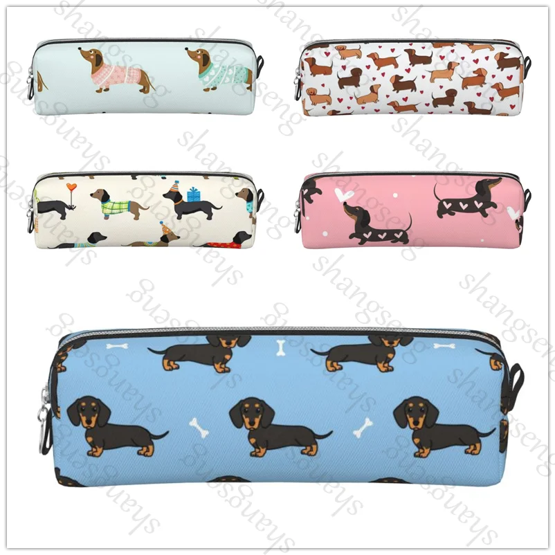 

Dachshund Silhouette Dog Leather Zipper Pencil Box Multifunctional Stationery Storage Bag Student Study Supplies Gift
