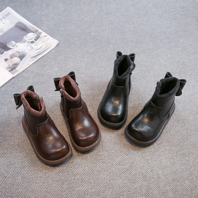 

Kids Leather Boots with Back Bowknots Girls Fashion Princess Boots Versatile 2025 Winter New Children Ankle Boots Korean Style