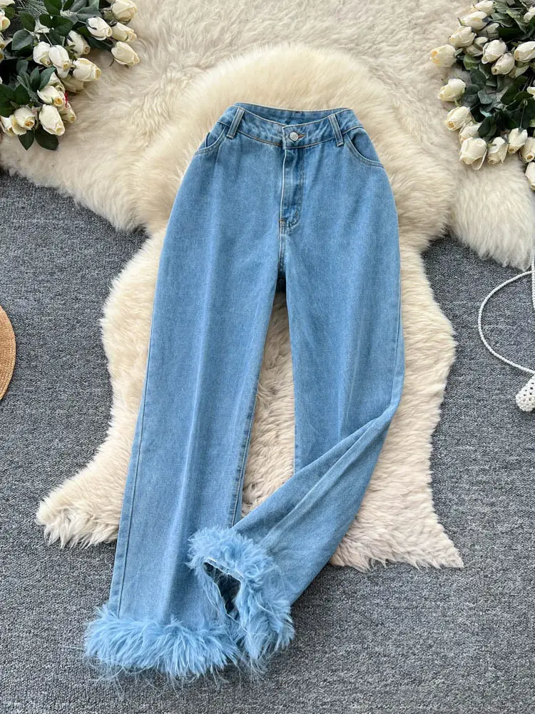 

Lazy style high waisted fur splicing denim wide leg pants women in spring new loose versatile retro casual high waist pants