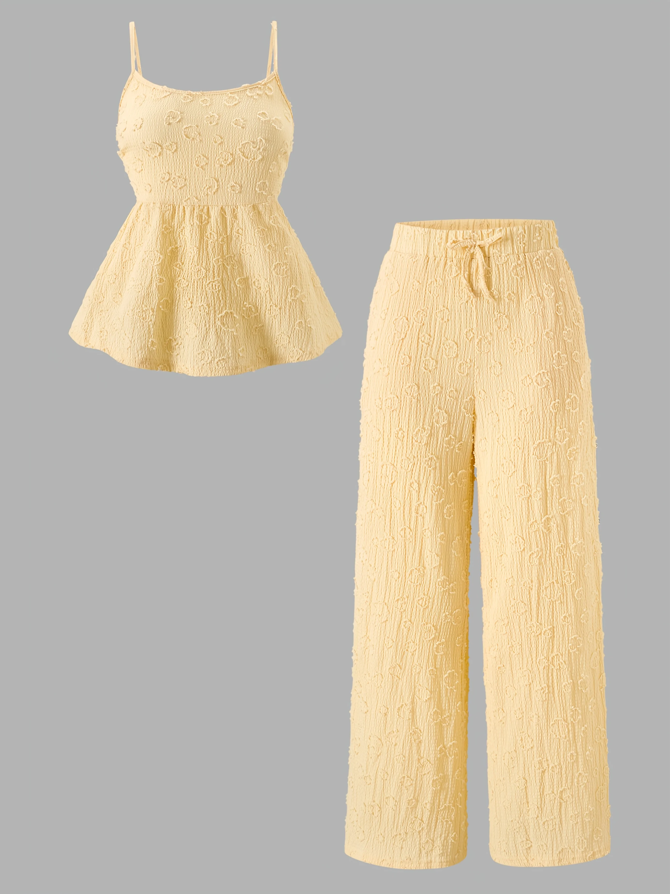 2025 Set top casual alla moda da donna e pantaloni a gamba larga, camicia top allacciata con volant abbinata a pantaloni larghi, vacat alla moda