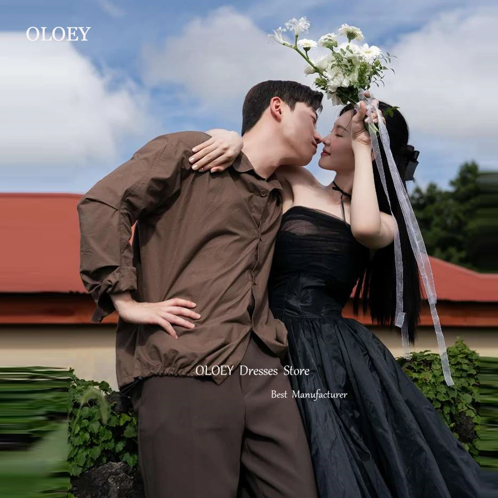 

OLOEY Simple A Line Black Taffeta Evening Dresses Wedding Photoshoot Bolero Floor Length Corset Back Party Formal Gowns