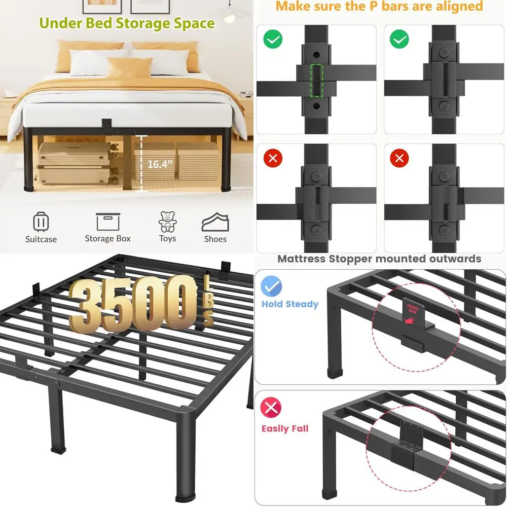 18 Inch Queen Metal Bed Frame with Storage, Round Corners, Heavy Duty Steel Slats, Easy Assembly, No Box Spring Needed