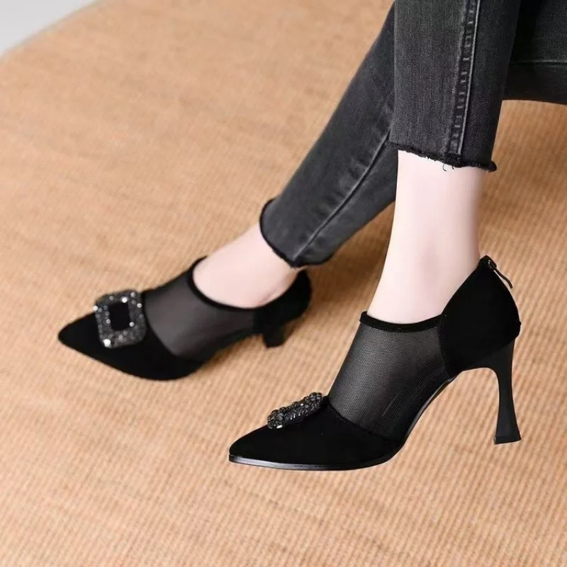 Versatile and stylish shallow mesh shoes with rhinestone buckle for women2026New Spring/Summer High Heels with Thin Heels and Po