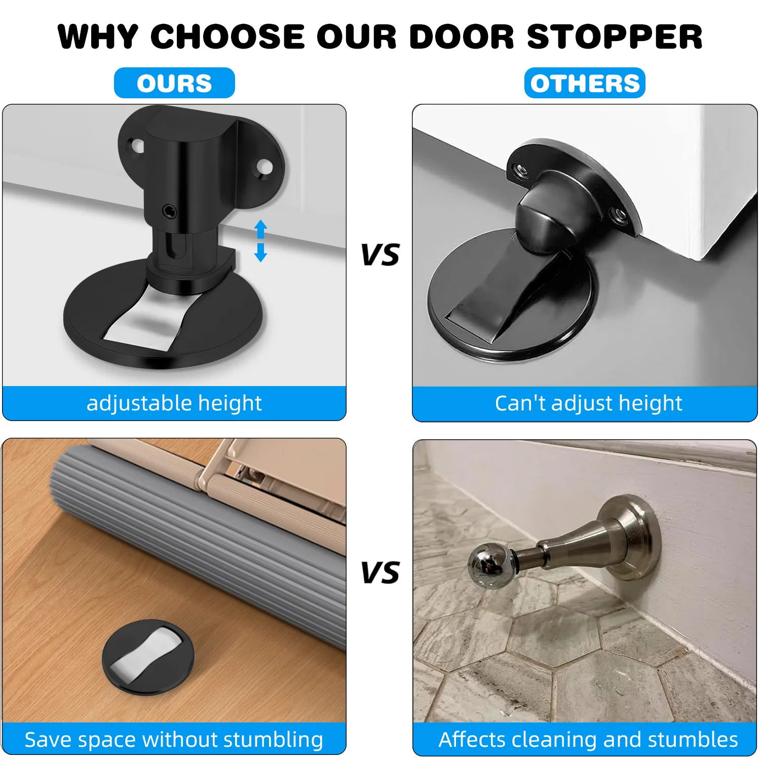 سدادة باب مثبتة على الأرض، ارتفاع قابل للتعديل، شريط لاصق مغناطيسي غير مرئي، سدادة باب الحفر السفلي