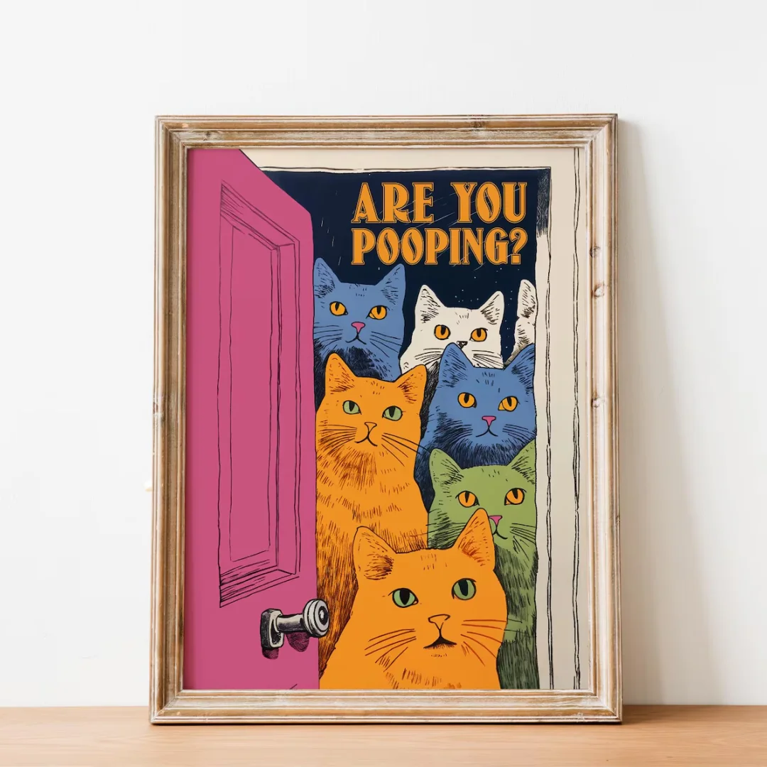 Badezimmer-Katzen-Druck für Toilette, Wandkunstdruck, lustiger Katzendruck, minimalistische Wandkunst, Badezimmer-Wandkunst, Toilettenposter, lustige Poster