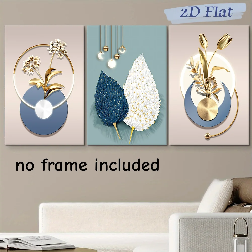 3-piece set of modern luxury gold floral decoration paintings, living room foyer background wall frameless hanging paintings, si