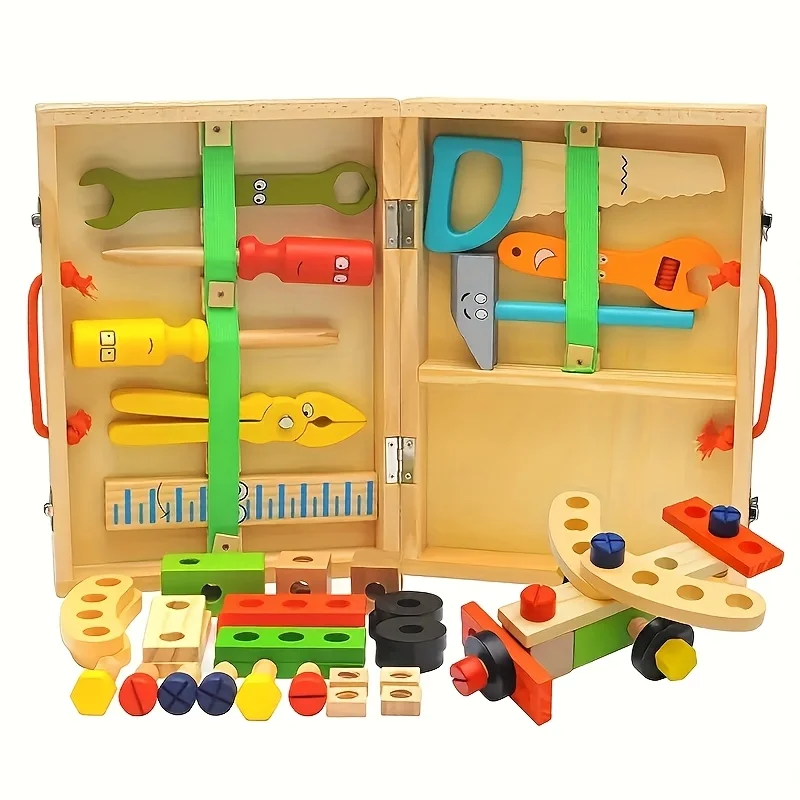 Simulation Wooden Toolbox Toy for Kids, Vehicle Assemble Building Blocks Puzzle and Educational Game Toy for Boys and Girls