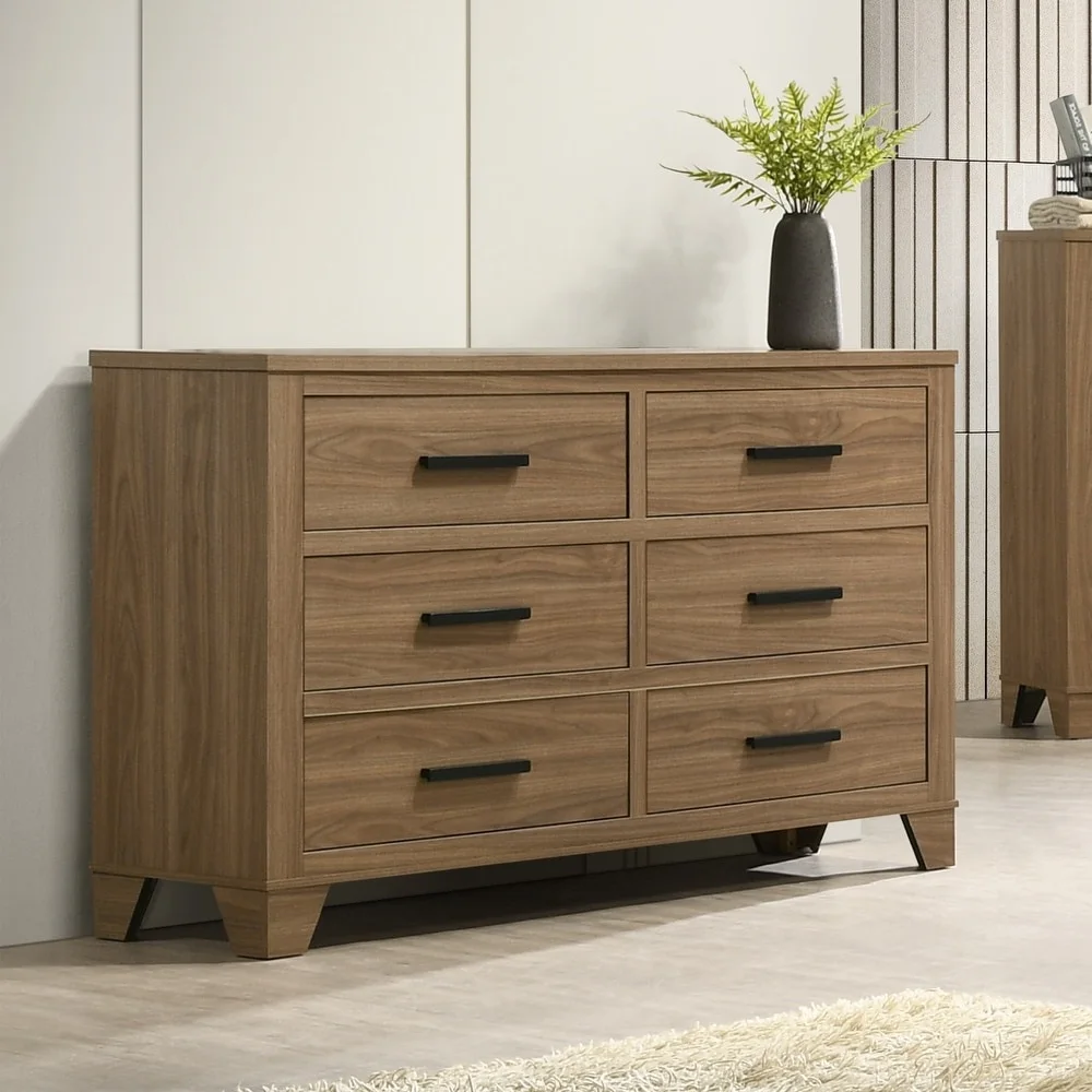 //1pc Walnut Color Six Drawers Dresser Black Bar Pulls Transitional Style Bedroom Metal Center Glide