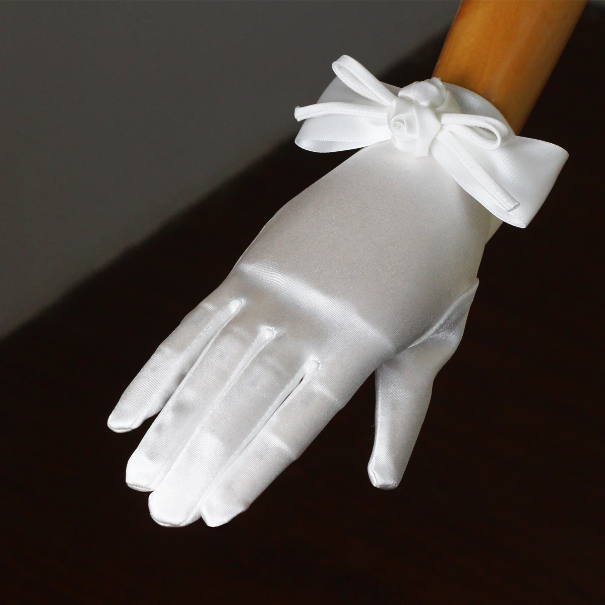 Wg107 elegante Hochzeit Braut handschuhe Rose Bogen Satin Frauen Brautjungfer Festzug Abschluss ball weißen Finger Handgelenk kurze Handschuhe