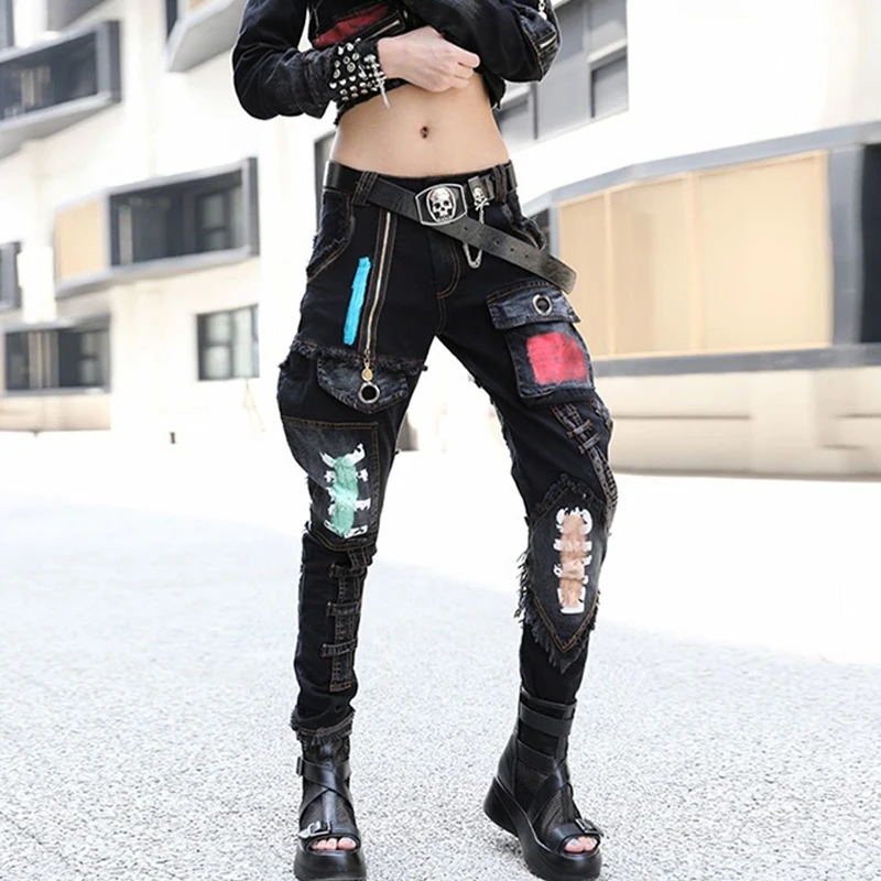 Jean pour femmes, noir foncé, blocage de couleur, design de niche, sens, à la mode, nouveau sarouel personnalisé, tendance, automne