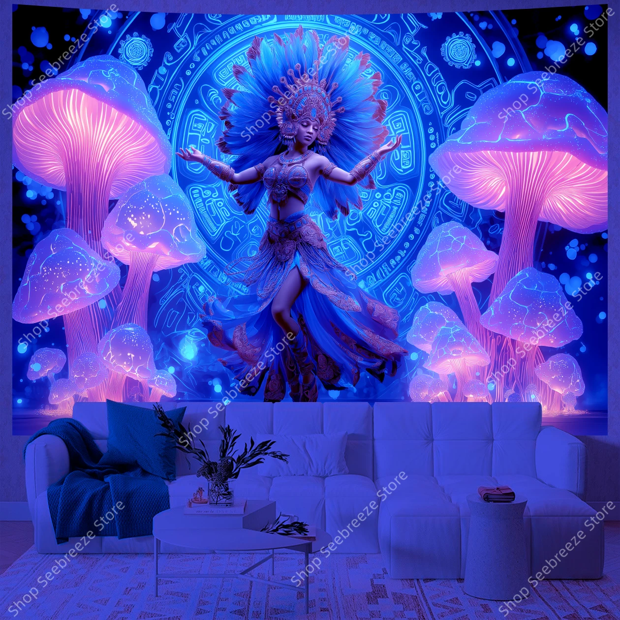 Mystic Dancer Blue Gold UV Tapestry with Glowing Mushrooms Boho Wall Art for Meditation Room Yoga Studio Spiritual Decor