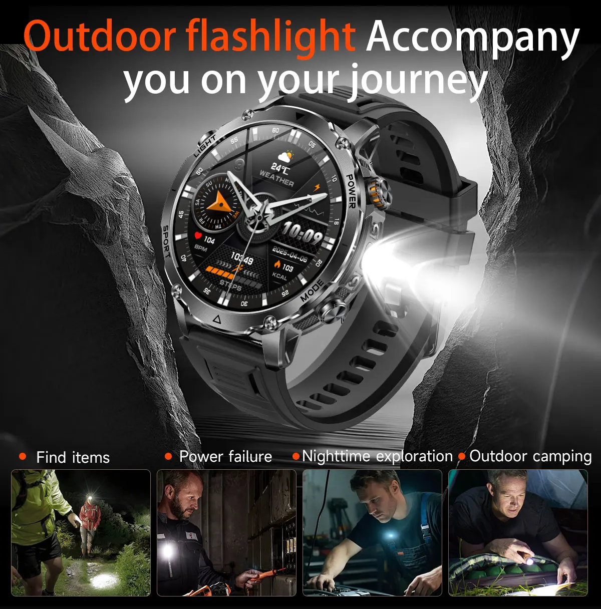 Robuste und langlebige 1400mAh Batterie Smartwatch für Herren Outdoor-Taschenlampe IPX8 Wasserdicht Herzfrequenzmessung Drahtlose Anruffunktion Sportarmbänder – Detail 6