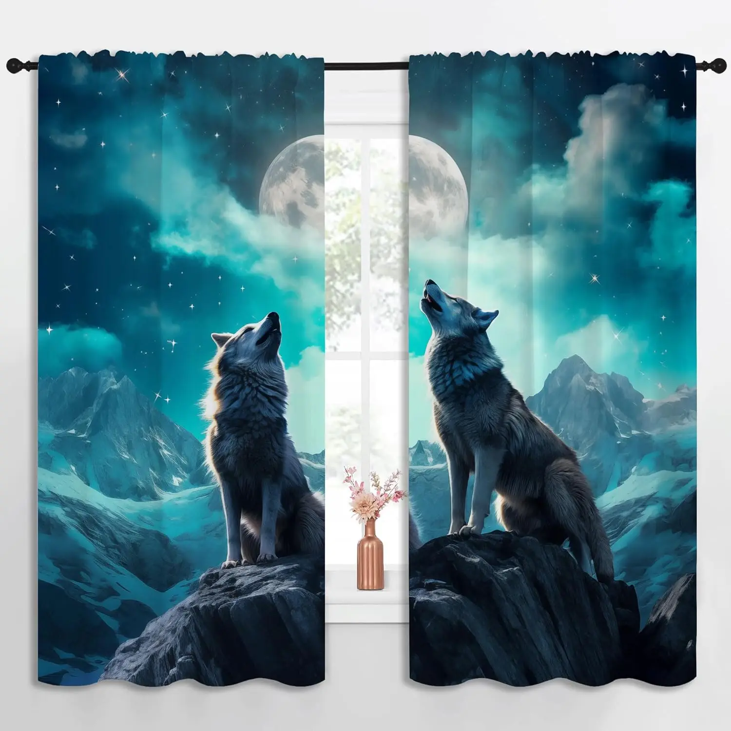 LHROOMJK Wolf Rod Pocket Blackout Curtains for Boy Girl Bedroom, Wolf Howling at The Moon at Night Home Energy Efficient Light