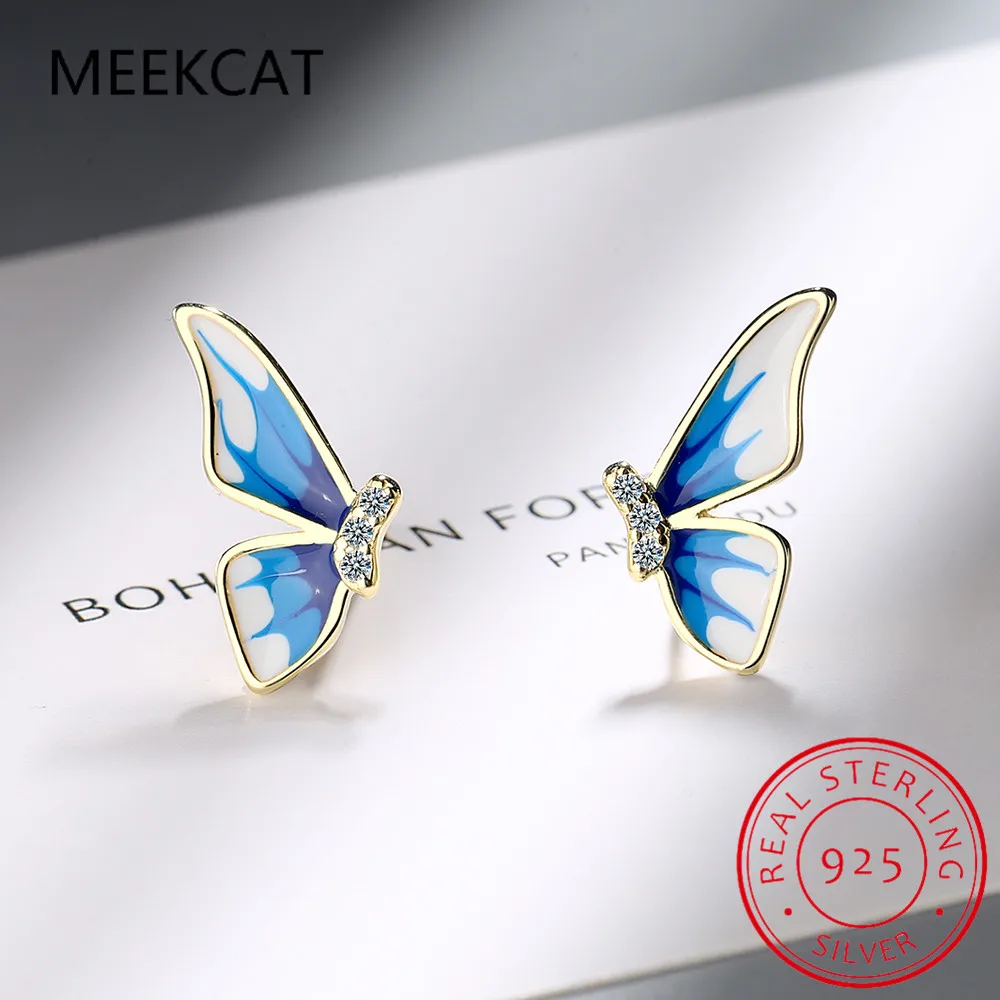 Real 925 Sterling Silver Fashion Butterfly Shiny CZ Stud Earrings For Mum Daughter Birthday Party Gift Jewelry DS4379