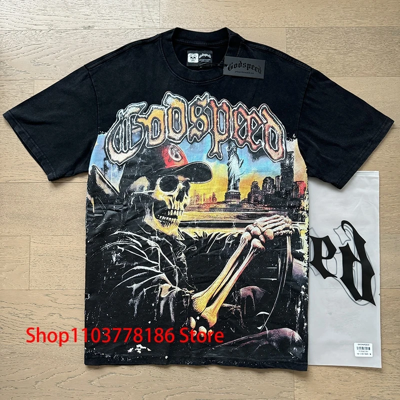 

GOD SPEED Short Sleeve Men's T-shirts Harajuku Skull Driving Print Streetwear Fashion Godspeed T Shirt One Day Shipped Out