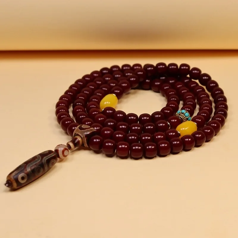 Dark cinnabar bracelet with 108 , nine-eyed dzi , cherry Bodhi , Buddhist beads for cultural appreciation