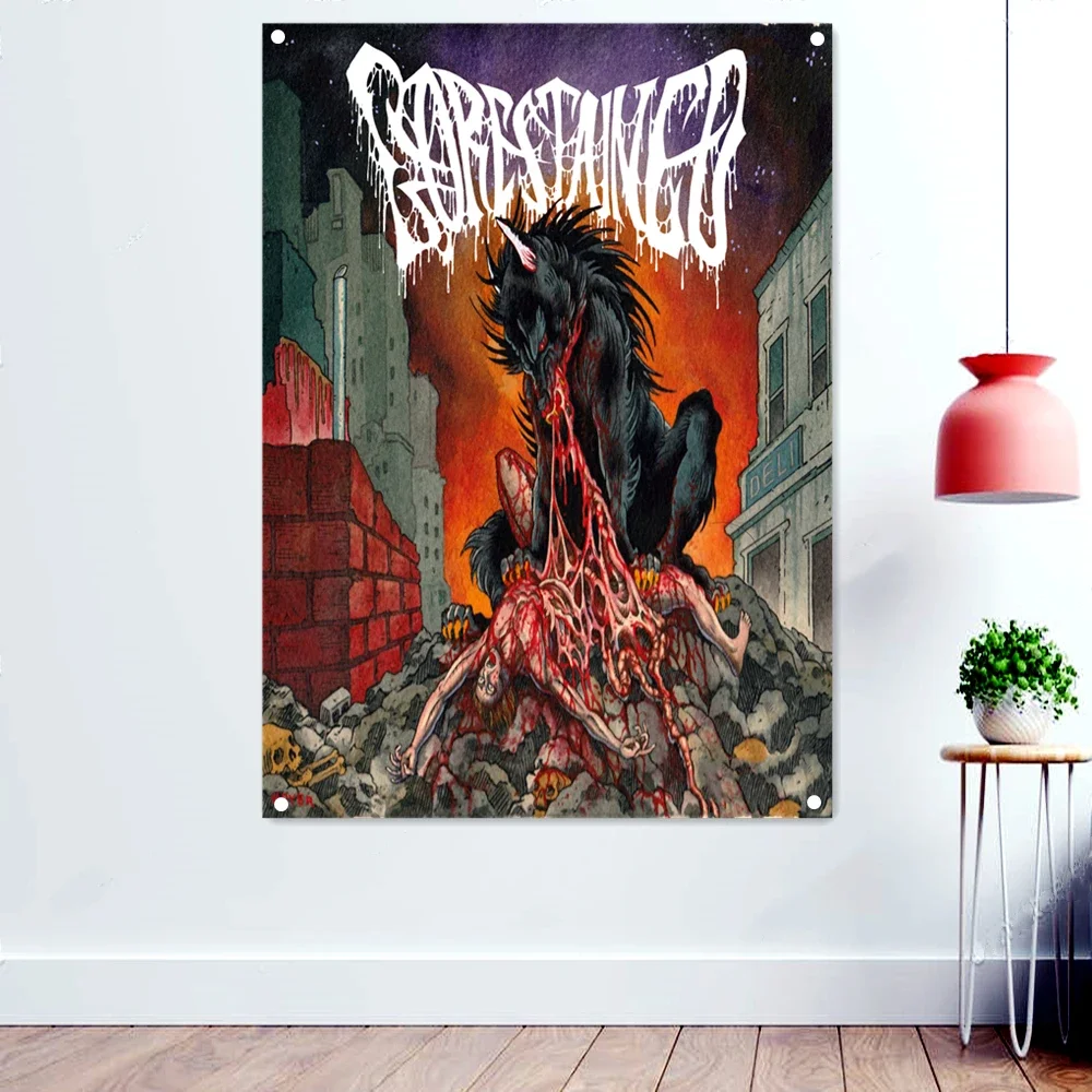 Cannibal Wolf Death Metal Artist Flag Decorative Banner Bloody Horror Art Skull Tapestry Rock Band Poster Wall Hanging Cloth