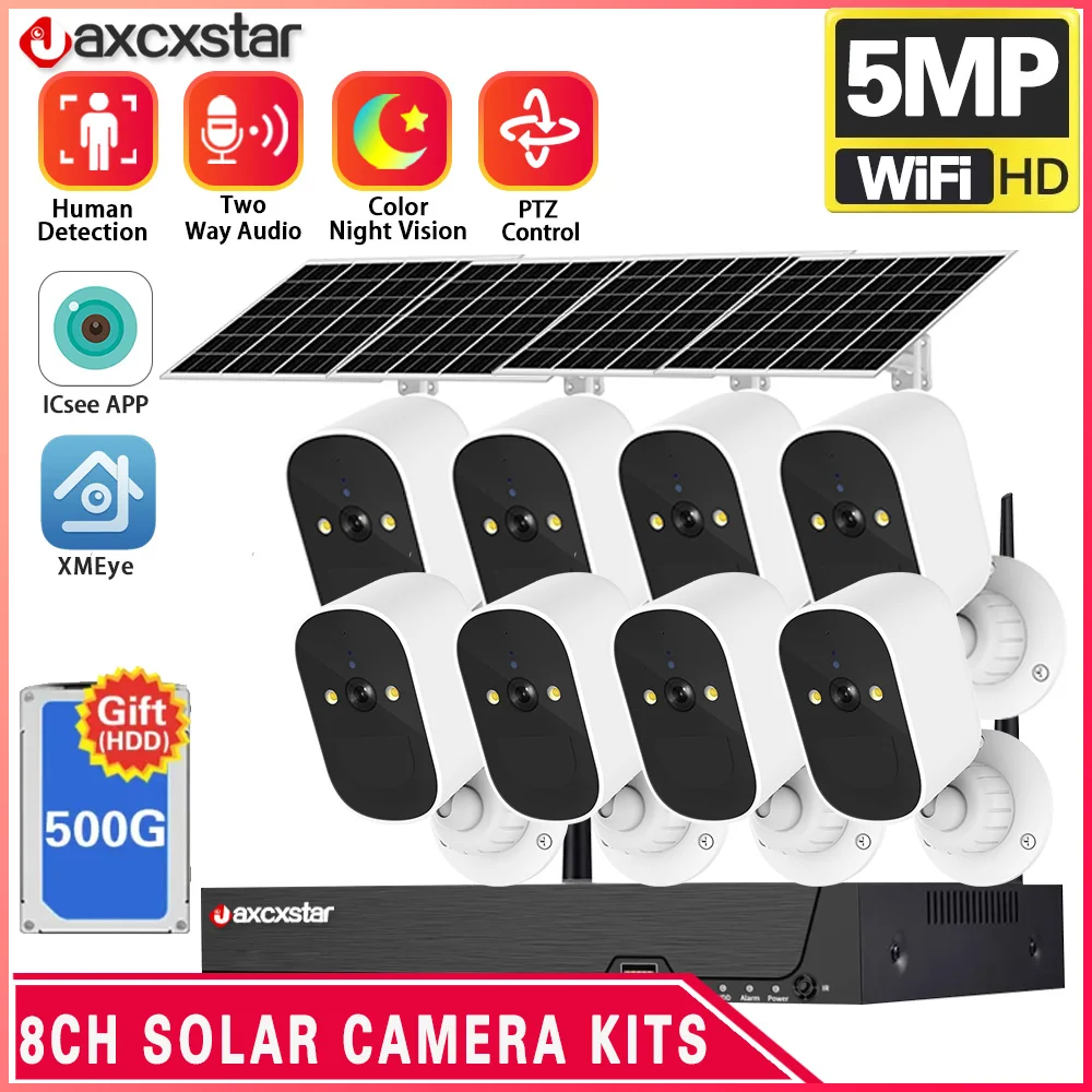 

5MP 8CH WiFi NVR Solar Outdoor Wireless Battery Powered Bullet Security Camera PIR Motion Alarm Cloud Storage Two Way Audio Cam