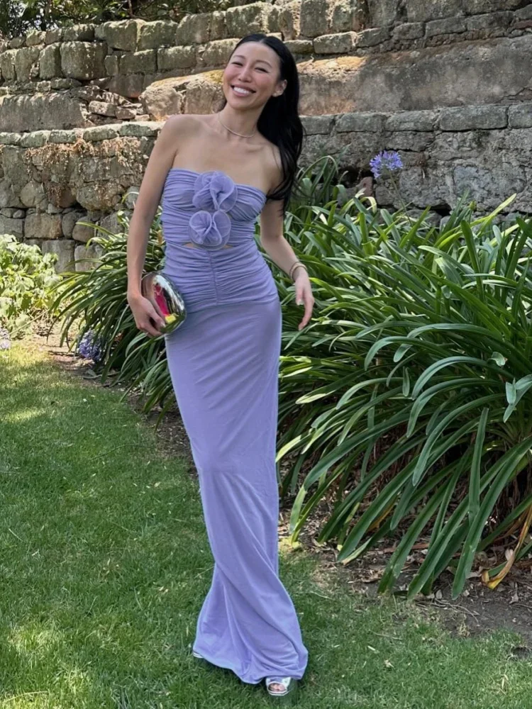 Sexy Strapless 3D Flower Hollow Out Long Dress Women Light Purple Sleeveless Backless Folds Bodycon Evening Party Gowns