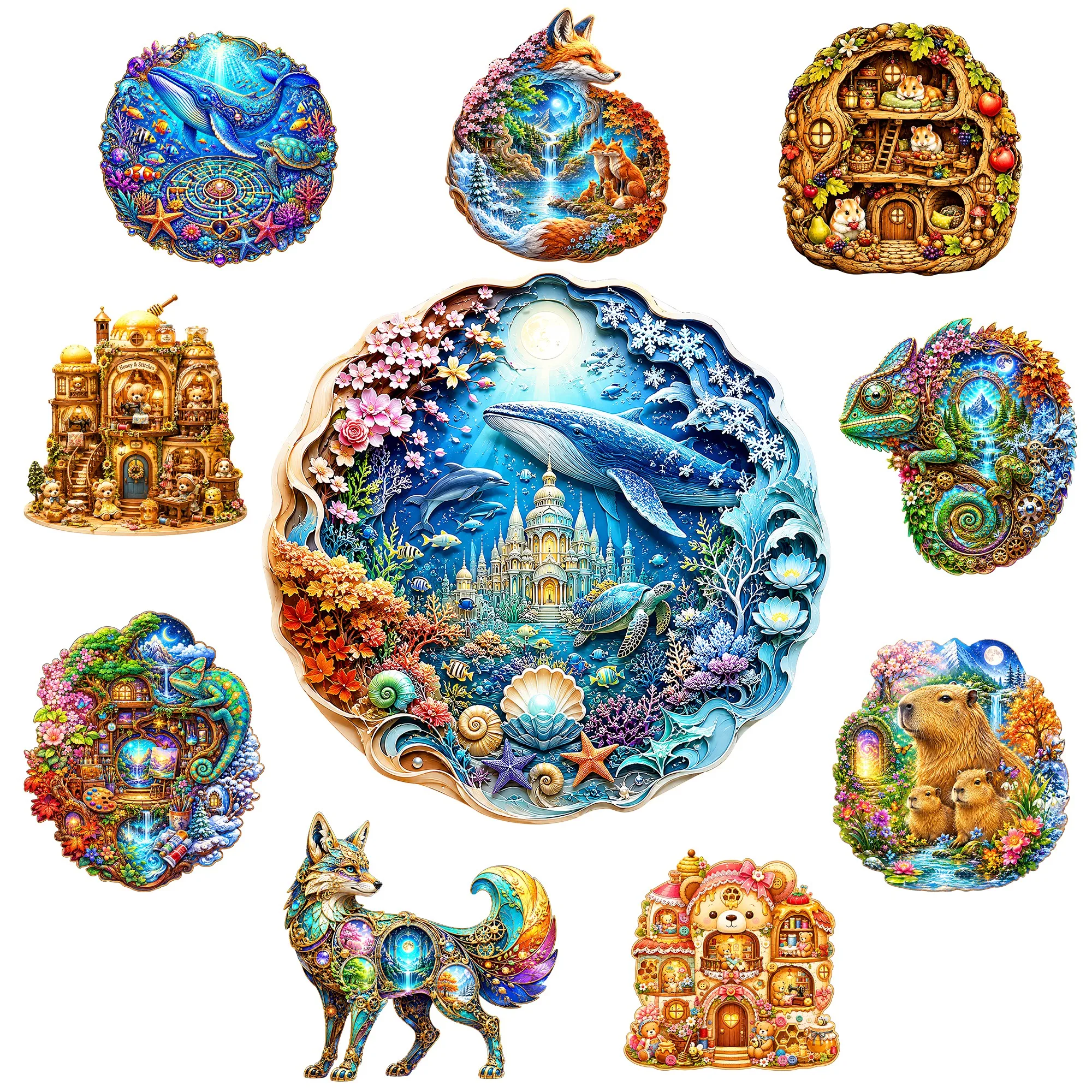 Whale Ocean World colorful Nature Wooden Animal Jigsaw Puzzle Table Game Toy Brain Teaser Holiday Season Gift for Teens and Kids
