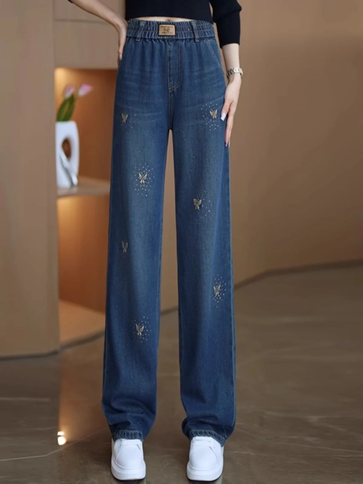 

Широкие джинсы с вышивкой, женские весенне-осенние новые эластичные свободные повседневные прямые брюки с высокой талией и стразами