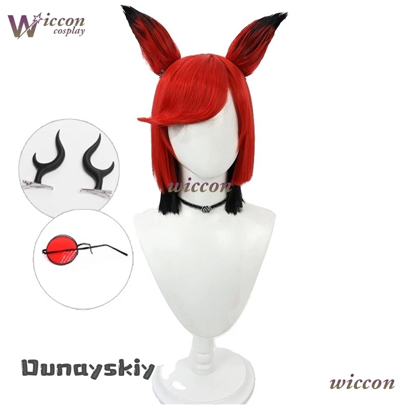 Hemera aBc@Hazzbin2 أزياء تنكرية وردية اللون لراديو الفندق شيطان ألاستور كوسبلاي نظارات قرون ألستور ميكروفون شعر مستعار للهالوين #1