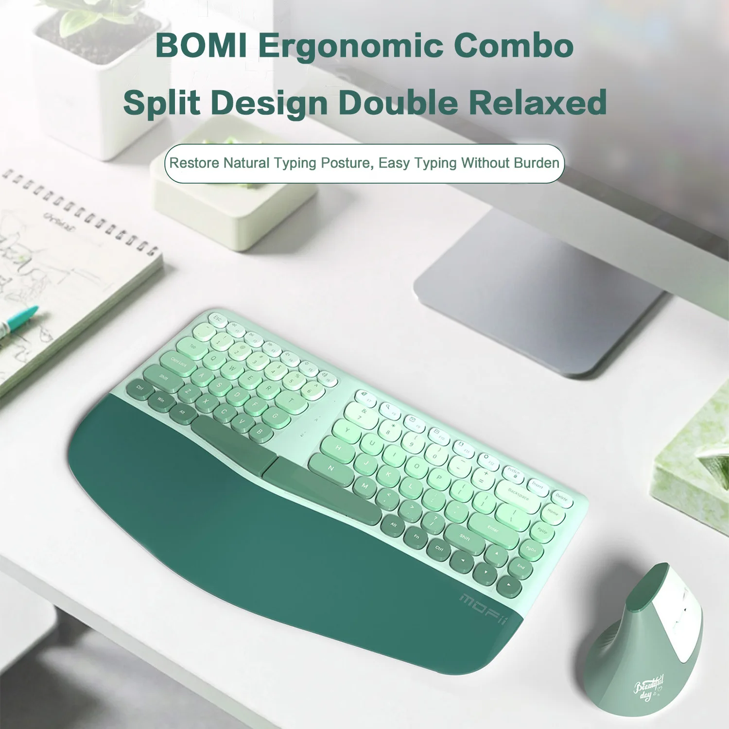 Split Ergonomic Wireless Keyboard Mouse Combo Wrist Rest G Silent Keys Set Laptop Desktop Pc Office Typing Work Green Grey