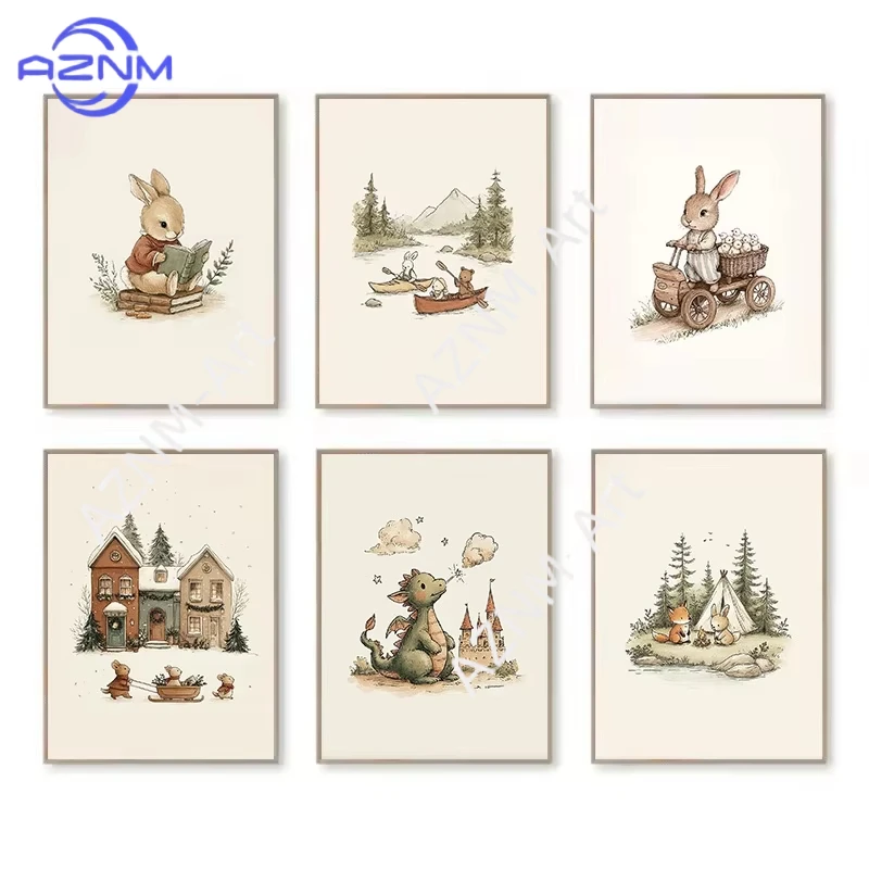 1/6 Stück Hasen-, Bären-, Dinosaurier- und Kaninchen-Motiv Kinderzimmer Märchen Cartoon Poster Leinwandbild Wandkunst Bilder Dekoration