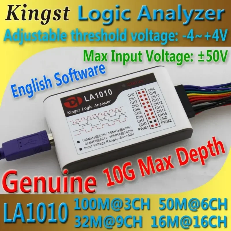 Kingst LA1010 USB Logic Analyzer 100M Max Aample Rate,16Channels,10B Samples, MCU,ARM,FPGA Debug Tool English Software