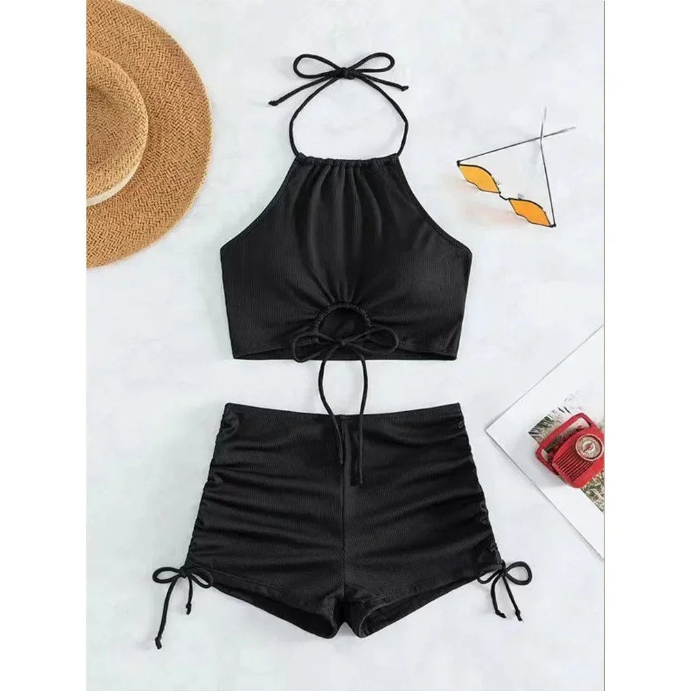 Maillot de bain noir à col haut pour femme, ensemble deux pièces, short, bikini, sport, vêtements de plage, piscine, été, 2024