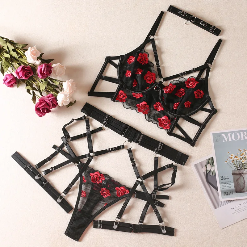 AliExpress 및 Amazon의 새로운 국경 간 핫 제품: 자수 꽃이 있는 섹시한 레이스 란제리 세트, 시스루 중공 디자인