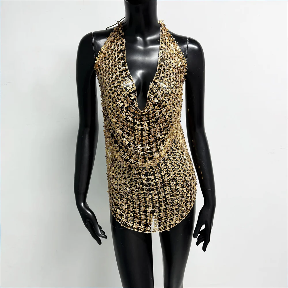 Damen Glänzendes Acryl-Pailletten-Top mit Ausschnitten, Sexy Tiefer V-Ausschnitt, Rückenfreies Neckholder-Oberteil, Durchsichtiges Strand-Party-Top – Detail 10