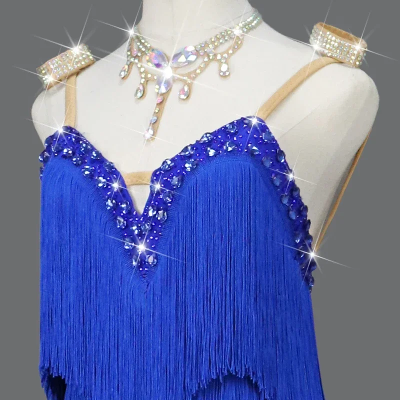 New Latin Dance Dress Latin Skirt Competition Dress Costumes Performing Dress Sparkly Rhinestones Customize Adult Kids Blue XXXL