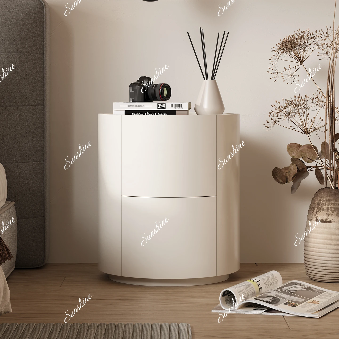 

Minimalist bedside table Solid wood cream wind round environmentally friendly paint bedside table