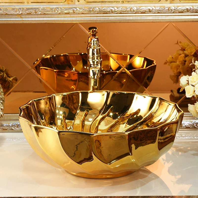 46Cm*46Cm Golden Petal-Shaped Ceramic Washbasin - an Ideal Choice for Modern Bathroom Equipment, Suitable for Changing Rooms, Vanity Tables, Public Rooms, Bathrooms, Toilets, and Rvs