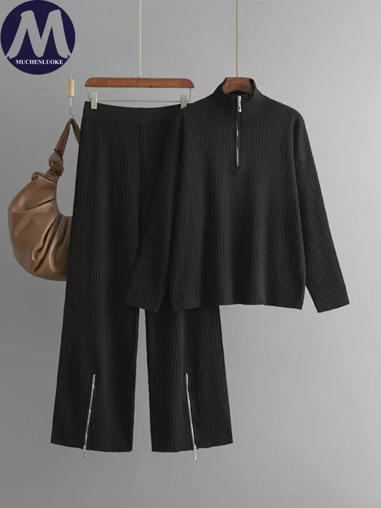 Women's Winter Tracksuit Knitted Turtleneck Zipper Pullover Two-Piece Set Casual Straight Jogging Pants Sweater Set