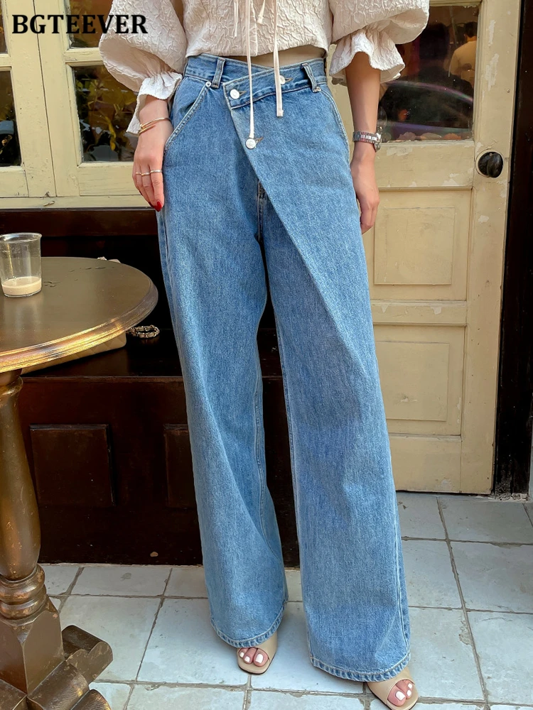 

BGTEEVER Chic Irregular Loose Female Long Denim Trousers High Waist Inclined Buttons Wide Leg Jeans Pants Women Spring Autumn