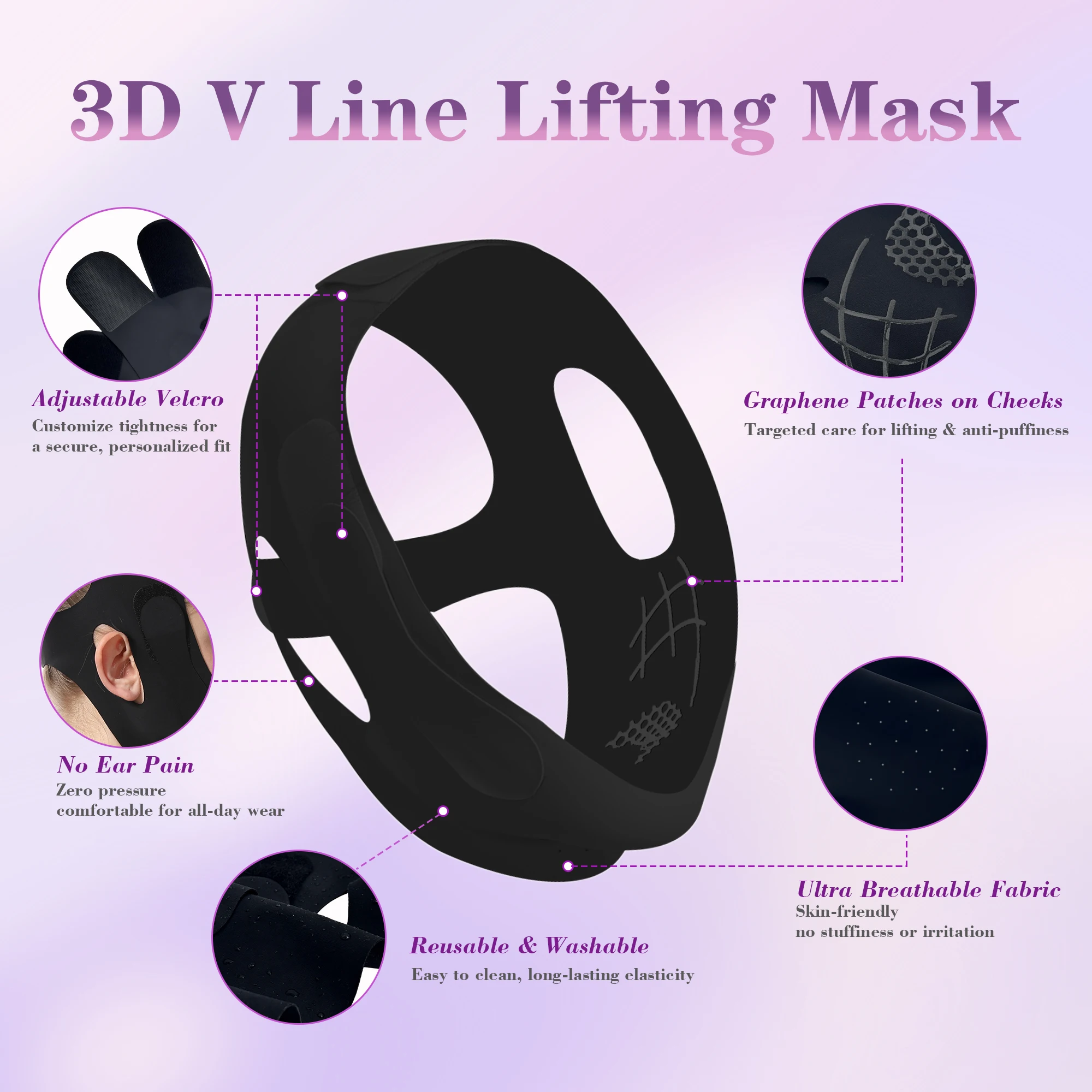 Chin Cheek Slimming Bandage with Graphene, Reusable Adjustable V Shaper V Line Lift Mask, Face Lifting Chin Strap for Snoring - view 3
