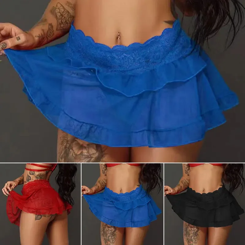 Lässiger schwarzer Minirock über dem Knie, Sommer-Tanz, kurze Röcke, Ultra-Mini-Sexy-Rock für Frauen, Spitzen-Rüschenrock, Party, Club-Kleidung – Detail 4