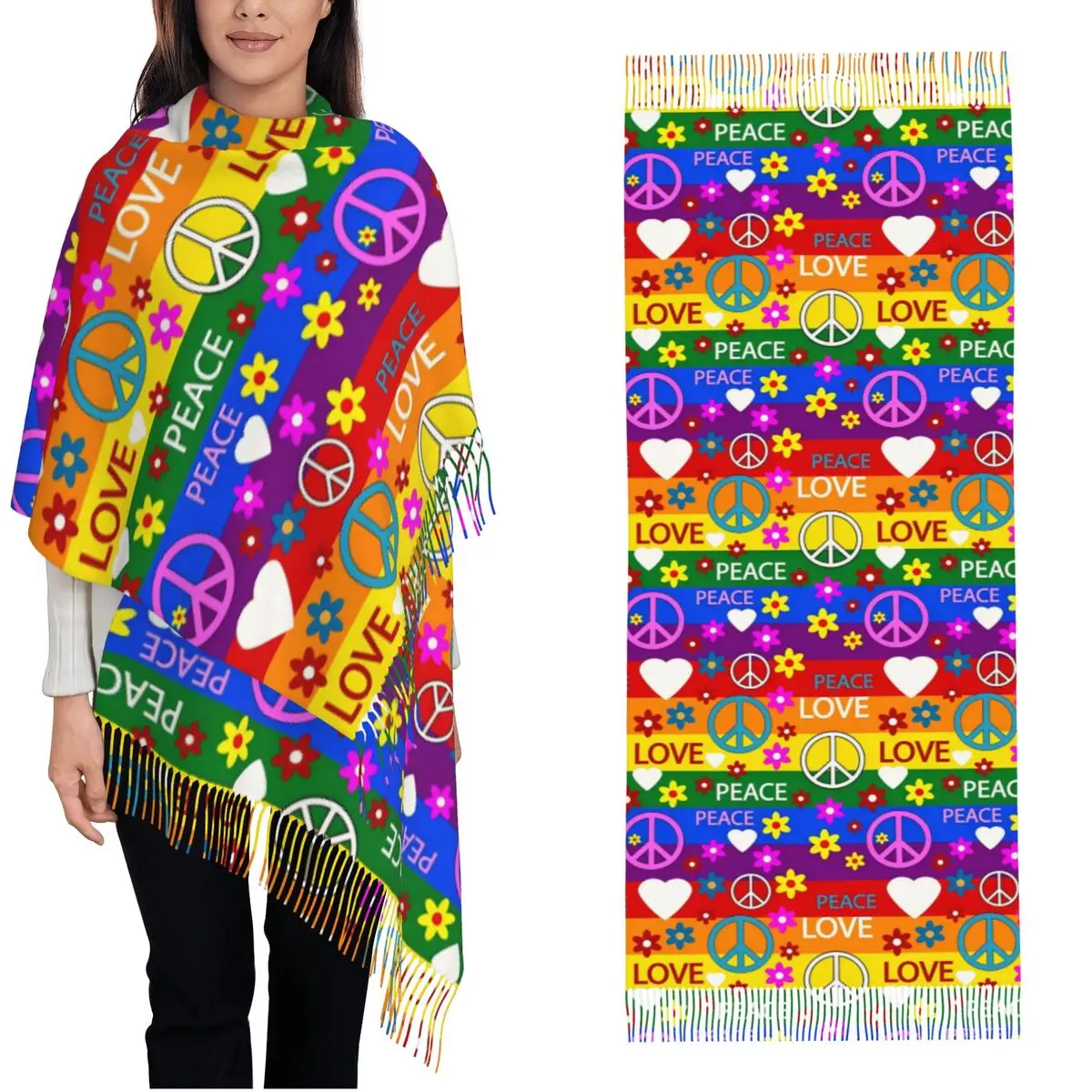 

Peace Foral Love Scarf for Womens Fall Winter Pashmina Shawls and Wrap Rainbow Lgbt Large Scarves with Tassel for Evening Dress