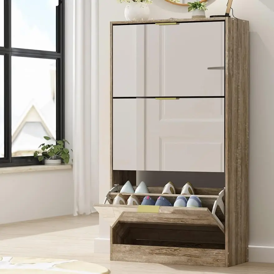 Shoe Cabinet with Mirrored Drawers, Entryway Shoe Storage Cabinet with 3 Flip Drawers Adjustable,Space Saving ShoeRack Organizer
