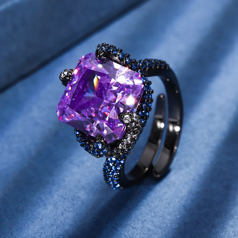 Black Gun Plated Square Cut Colored CZ Statement Ring for Women Large Center Stone Blue Accent CZ Vintage Party Jewelry