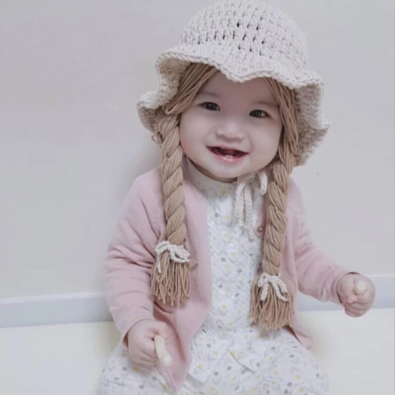 

Children Knitted Hat Cute Wig Big Braid Autumn Winter Baby Kids Girls Soft Warm Ear Protection Knitted Hat For 2-4Y