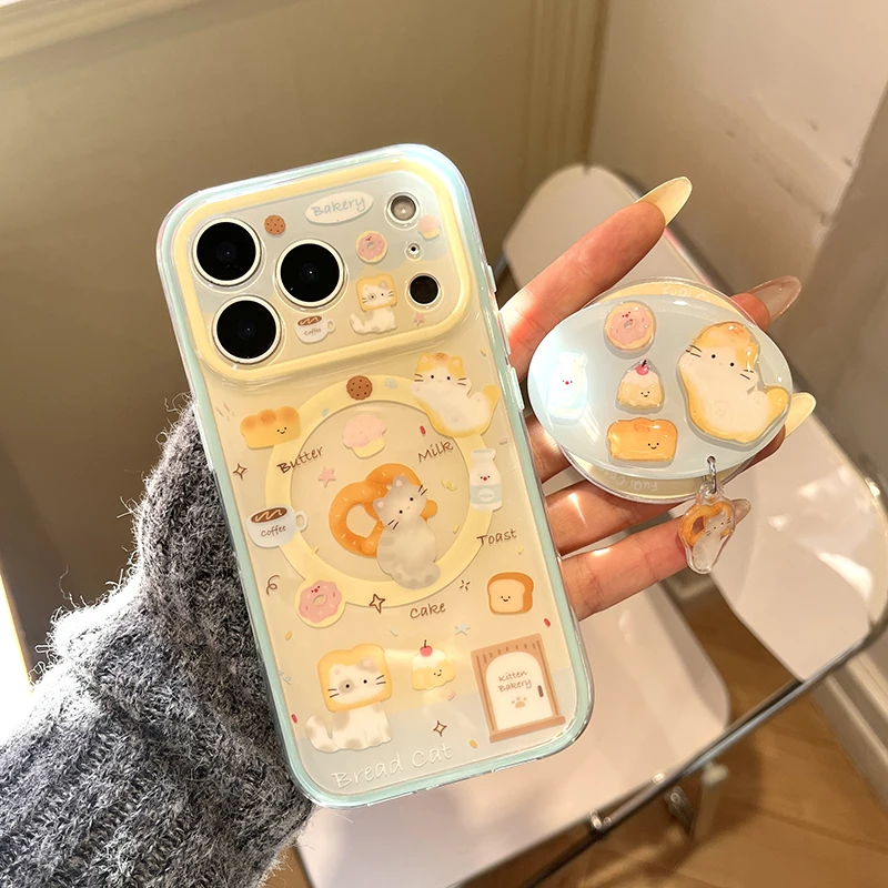 Funda de teléfono magnética Kawaii con dibujos de pan y gato para iPhone 17 Pro 15 14 16 Pro Max, Funda con soporte Magsafe, Fundas bonitas