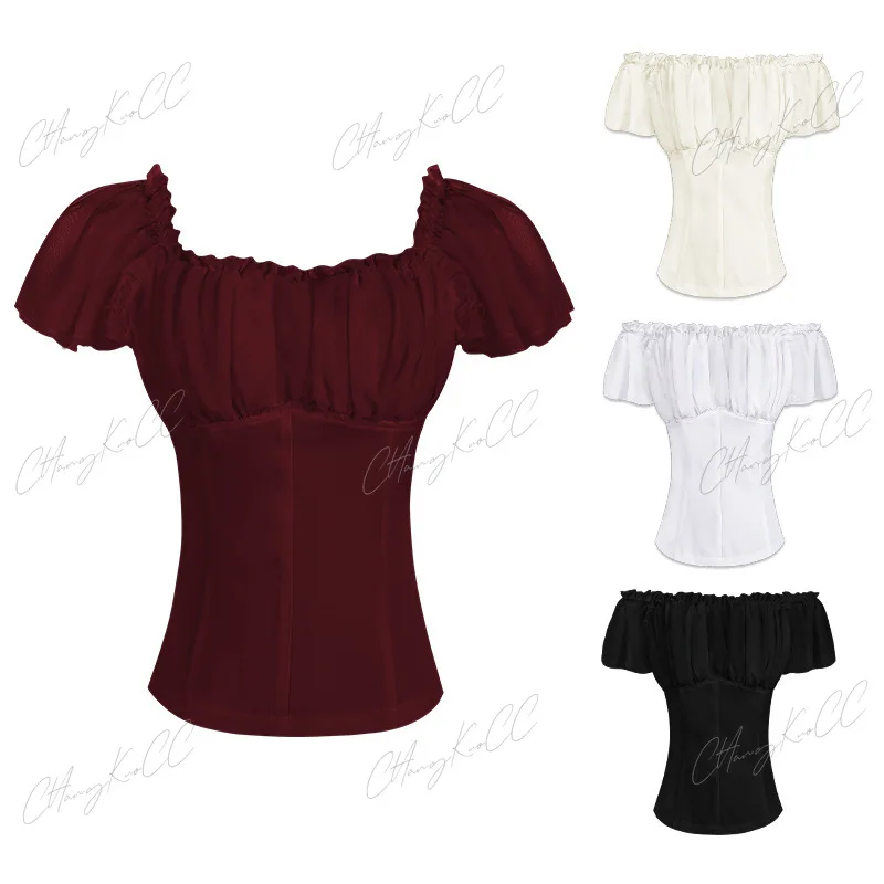 

Средневековая футболка с вырезом в стиле пэчворк, повседневная модная милая облегающая однотонная темная женская блузка в стиле Ренессанс, короткий топ на одно плечо